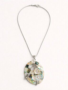 925 Sterling Silver Abalone Shell Pendant Necklace Floral Mosaic Statement